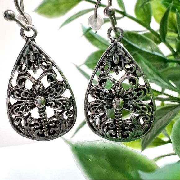 Silver Tone Dragonfly Pierced Teardrop Dangle Earrings - Picture 6 of 11